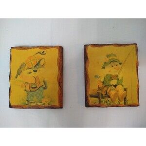 Set of 2 MINI Wintermute Rustic Wood Wall Plaques Golfing Racoon Fishing Rabbit